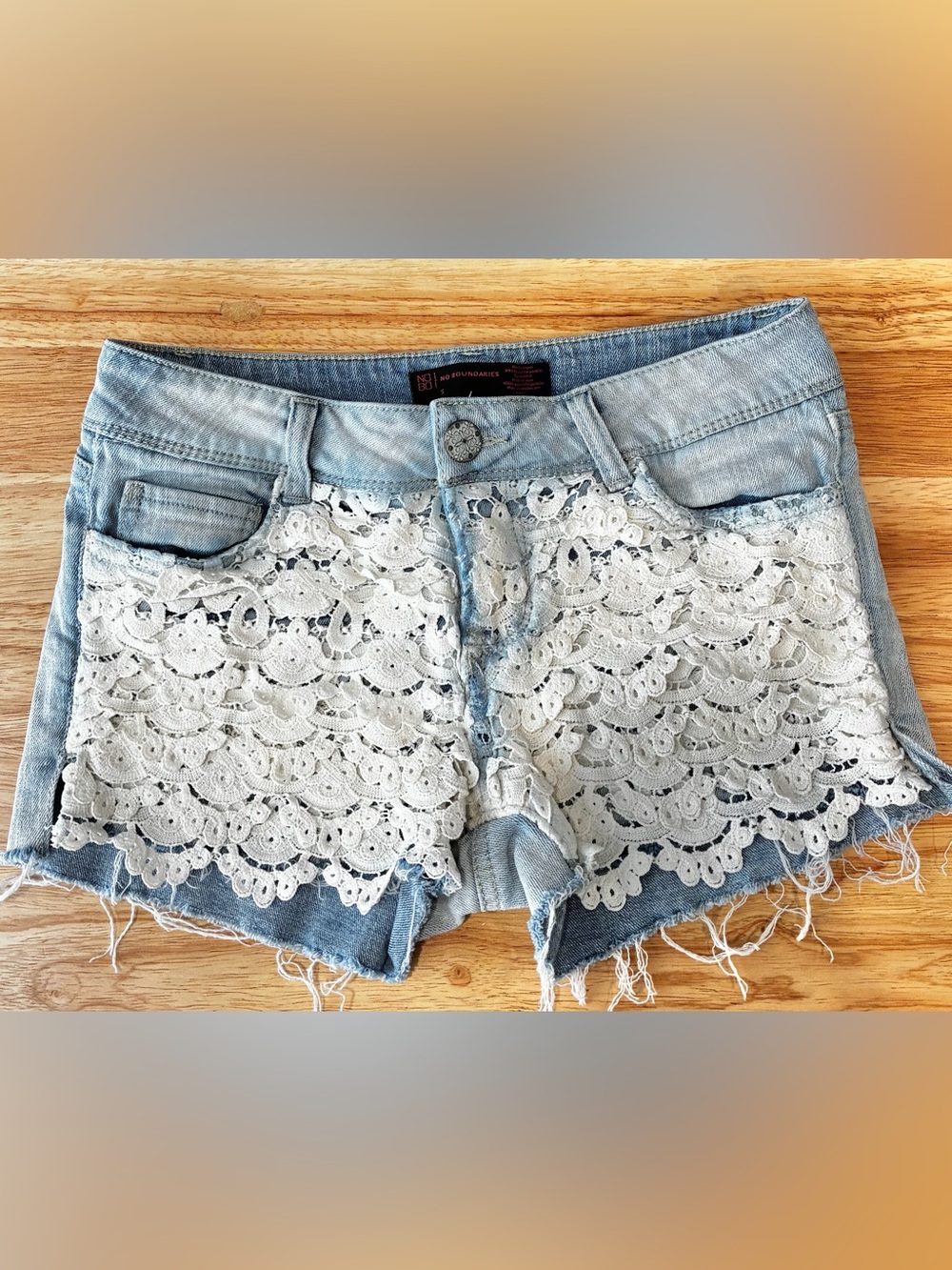 No Boundaries Lace Overlay Distressed Denim Jean Shorts 5